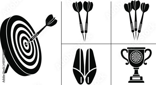 Darts game icons trophy and target with darts dartboard, darts, dartboard, target, dart, trophy, winner, game, sport, competition, score, bullseye, win, prize, victory, recreation, leisure, entertainm
