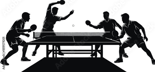 Four people playing table tennis in silhouette ping pong, table tennis, ping pong, sport, game, competition, players, athletes, action, movement, dynamic, energetic, athletic, recreation, leisure, hob