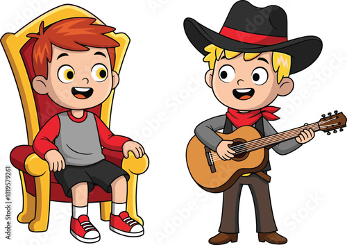 Cartoon boy on throne, cowboy kid playing guitar, cheerful children illustration, musical performance, western costume, animated style, fun moment