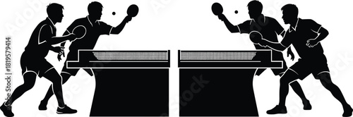 Four black silhouettes of men playing table tennis on a white background, table tennis, ping pong, sport, game, competition, players, men, action, athletic, dynamic, rally, serve, hit, paddle, ball, n