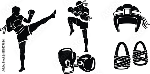 Muay Thai fighters and equipment silhouettes kickboxing, muay thai, fighter, silhouette, kickboxing, martial arts, combat, sport, training, boxing, gloves, headgear, sandals, black and white, graphic,