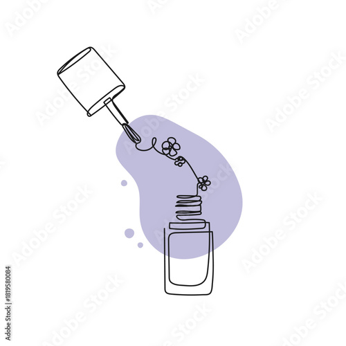 Minimalist line art nail polish bottle with floral design. Vector illustration for beauty, cosmetics, fashion, wellness, manicure, self-care concepts.