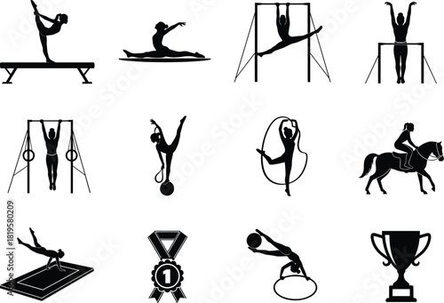 Silhouette set of gymnastics and equestrian sports icons, gymnastics, silhouette, equestrian, horse riding, balance beam, floor exercise, uneven bars, parallel bars, rings, ribbon, ball, hoop, medal, 
