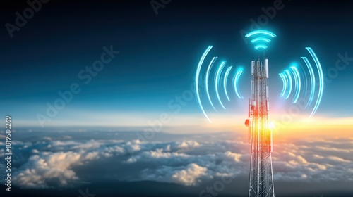 Telecommunication tower emitting signals above the clouds aerial view technology sunset sky connectivity enhancement