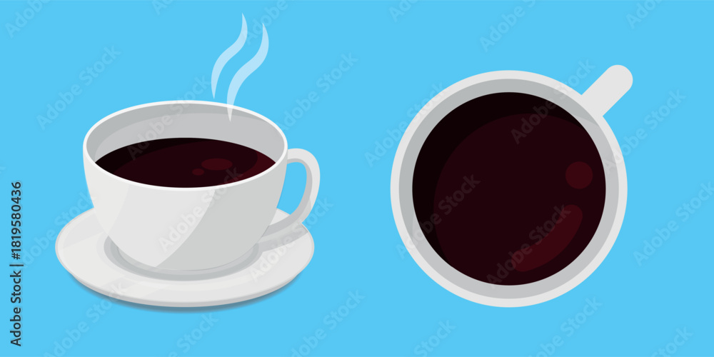 Obraz premium Two Illustrations of Hot Coffee Cup - Side and Top View Showing Dark Coffee. Ideal for Morning, Breakfast, or Coffee Shop Themes.
