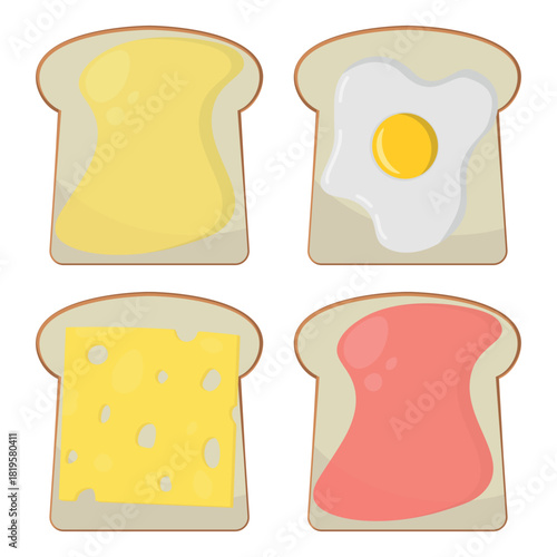 Toasts with Toppings - Vector of Different Toast Toppings Like Fried Egg, Butter, Jam and Cheese. Perfect for Breakfast or Snack-Themed. Top View.