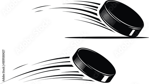 Two black hockey pucks in motion with motion lines, hockey puck, ice hockey, sport, game, black and white, motion, speed, action, dynamic, graphic, illustration, icon, symbol, puck, ice sport, winter 