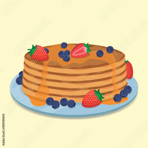 Vector Illustration of Pancakes with Syrup, Topped with Strawberries and Blueberries on a Blue Plate. Ideal for Breakfast, or Food-Related Themed.