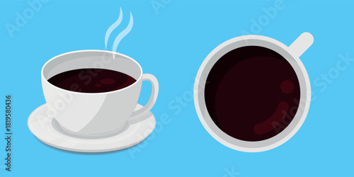 Two Illustrations of Hot Coffee Cup - Side and Top View Showing Dark Coffee. Ideal for Morning, Breakfast, or Coffee Shop Themes.