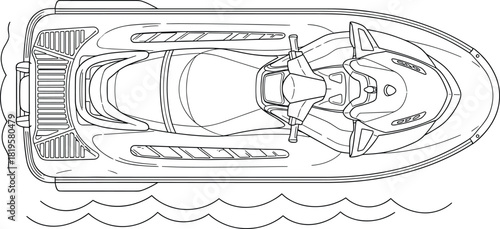 Top view line drawing of a personal watercraft on water, personal watercraft, jet ski, watercraft, water sport, vehicle, transportation, outline, line art, drawing, illustration, black and white, top 