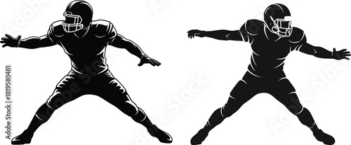 Two black silhouette American football players in action, american football, football player, silhouette, black and white, sport, athlete, action, uniform, helmet, stance, dynamic, motion, game, team,