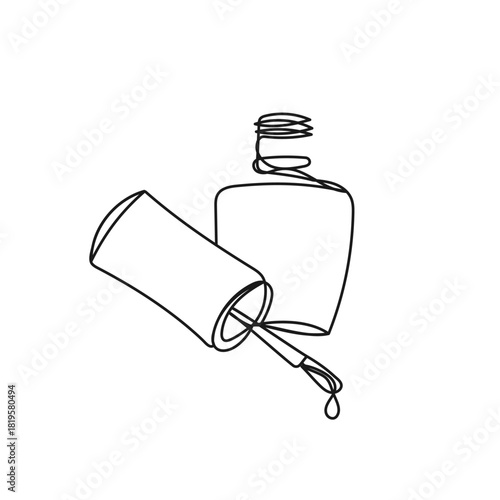 Minimalist one line art nail polish bottle with brush and drop. Vector illustration for beauty, cosmetics, fashion, wellness, manicure, self-care concepts.