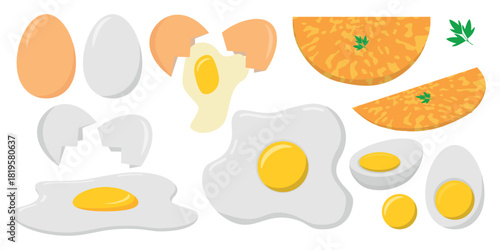 Eggs Variety Set - Boiled, Fried, Omelette, Shell and more in Different Angles. Ideal for Breakfast or Food Concepts.