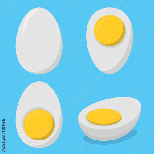 Four Illustrations of Boiled Eggs in Flat Design - Whole and Halves, With Yolk Visible in Top and Side View. Ideal for Breakfast, or Food-Related Themed.