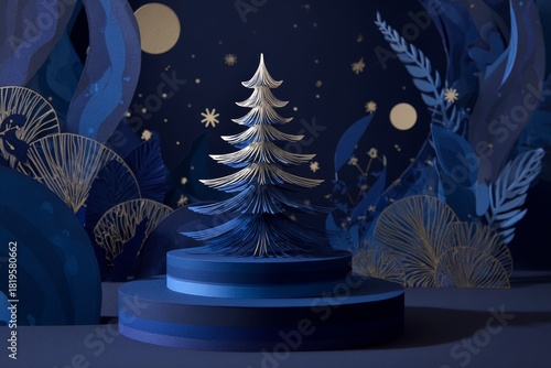 Stylized papercraft winter scene features a dimensional holiday tree centered on a layered pedestal against a dark blue night background