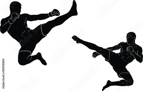 Two black silhouettes of men performing martial arts kicks, silhouette, man, martial arts, kick, fighting, combat, sport, action, dynamic, movement, athletic, strong, power, training, exercise, fighte