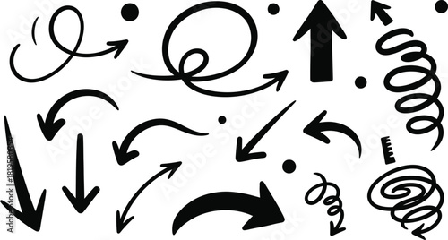 Hand drawn arrow collection with various shapes and directions on white background