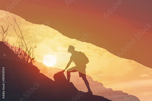Epic Mountain Ascent at Sunset – Double Exposure Adventure Scene