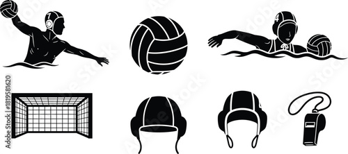 Water polo player ball goal cap and whistle icons sport, water polo, sport, athlete, swimming, ball, goal, net, cap, whistle, lifeguard, competition, game, team, action, black and white, silhouette, i