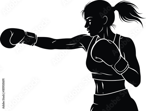 Woman boxer throwing punch silhouette boxing female, boxing, woman, female, fighter, athlete, sport, fitness, punch, jab, glove, boxing glove, silhouette, black and white, action, movement, strength, 