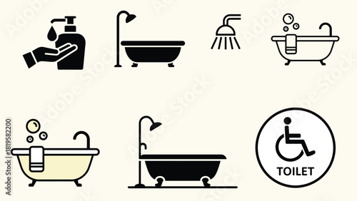 Bathroom and Hygiene Icons Set: Toilet, Shower, Hand Washing Vector illustration