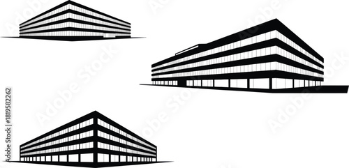 Print Corporate Office Building Silhouette Icons Set Vector illustration