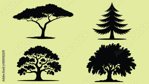 Print Diverse Tree Silhouettes Set: Oak, Acacia, Pine & Conifer Vector illustration