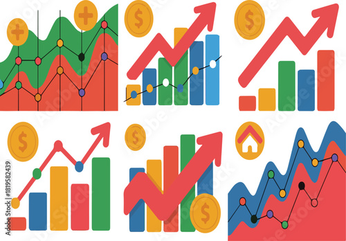 Six colorful financial charts with rising arrows and coins graph finance
