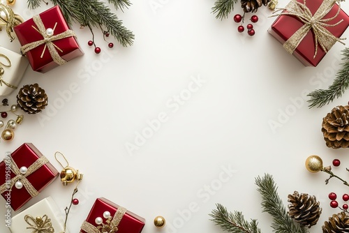 Festive holiday decorations and wrapped presents frame a central white copy space for design.