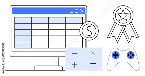 Computer screen with a spreadsheet, calculator, dollar coin, award ribbon, and game controller. Ideal for finance, planning, budgeting analysis competition gaming and rewards. Simple flat