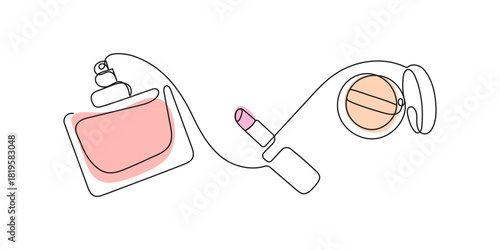 Minimalist one line cosmetic set. Perfume, lipstick, powder. Vector illustration. Makeup and beauty products for fashion blogs, cosmetic branding, skincare packaging, makeup-related content.