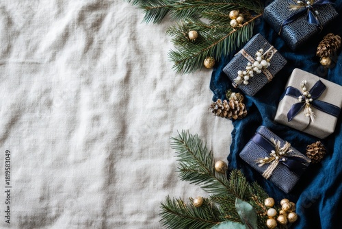 Holiday gifts and natural decorations are arranged on a textured fabric surface for a festive composition