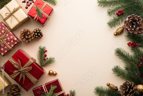Festive holiday arrangement of wrapped presents and natural winter greenery borders a light background