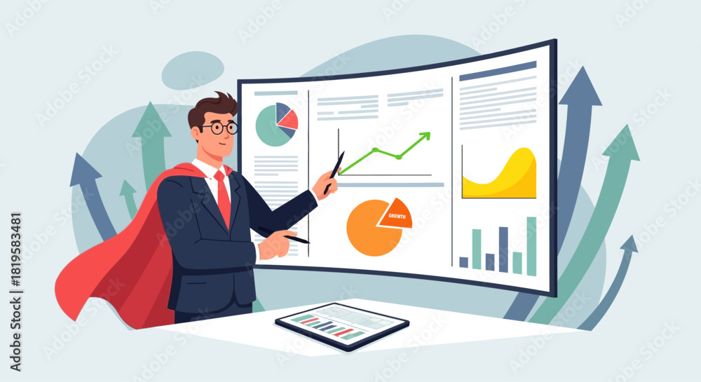 Fototapeta premium Superhero Businessman Presenting Growth Charts and Financial Data Analysis