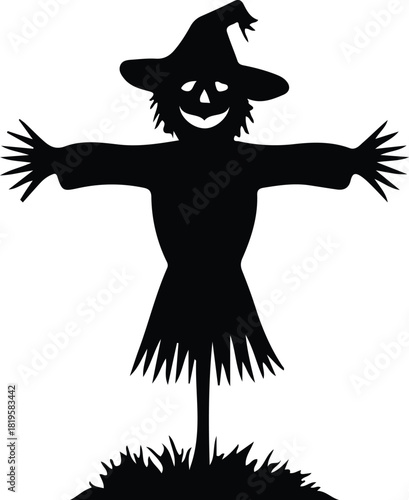 Spooky silhouette scarecrow with wide arms and grinning face
