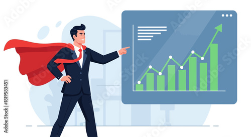 Superhero Businessman Charts Success Business Growth Achievement Concept