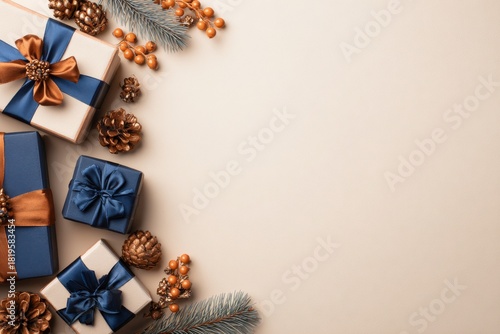 Fototapeta Naklejka Na Ścianę i Meble -  Assortment of elegantly wrapped presents and natural holiday decorations arranged on a light surface with copy space
