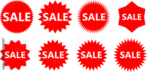 Collection of eight red sale stickers and badges in various starburst shapes isolated on a white background.