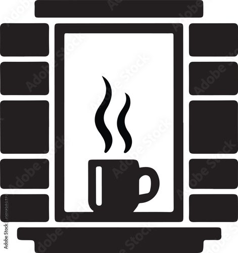 Steaming coffee mug on a windowsill icon with steam wisps