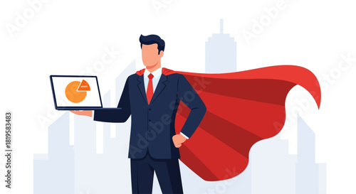 Superhero Businessman Analyzing Financial Data on Laptop Business Success Concept