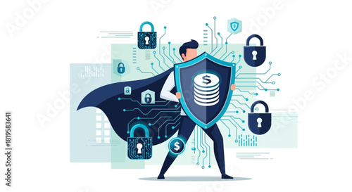 Financial Security Superhero Protecting Digital Assets Cybersecurity Concept