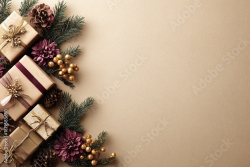 Assortment of wrapped presents and decorative evergreen foliage arranged along the left edge of a plain background