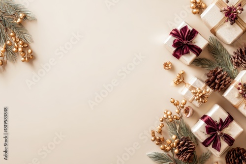 Festive holiday decorations and wrapped presents border a soft neutral background space
