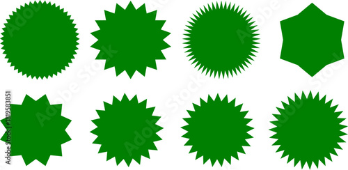 A collection of eight different green starburst and seal shapes isolated on a white background.