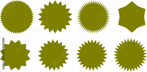 A collection of eight different olive green starburst and seal shapes isolated on a white background.