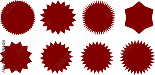 A collection of eight dark red starburst and seal shapes isolated on a white background.