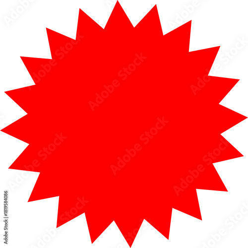 A vibrant red starburst shape with multiple sharp, jagged points, isolated on a plain white background.