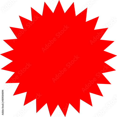 A vibrant red starburst shape with twenty-four sharp points isolated on a white background.