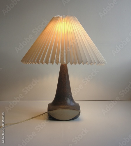 Vintage ceramic table lamp with white shade.  Design pottery from Denmark. Bornholm 1970s.