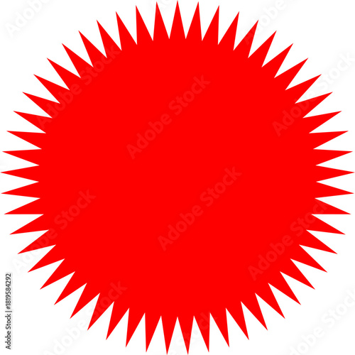 A vibrant red starburst graphic with numerous sharp, spiky points creating a circular seal on a white background.
